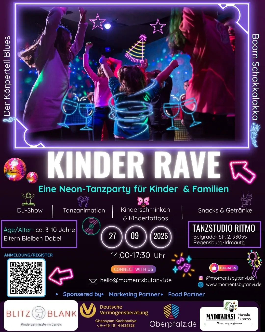Kinder-Rave-Plakat: Neon-Schriftzug über zwei tanzenden Kindern als Silhouette.